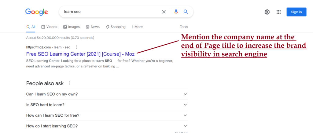 Mention company name in Page title to increase brand visibility