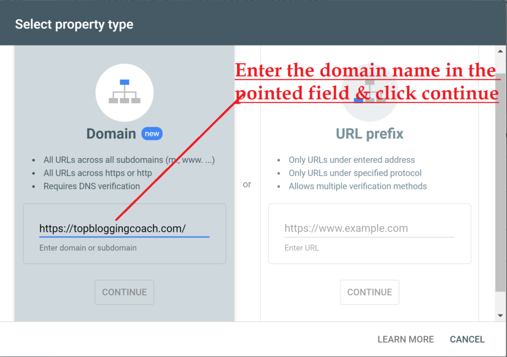 Search Console Setup add Domain Name Step-2